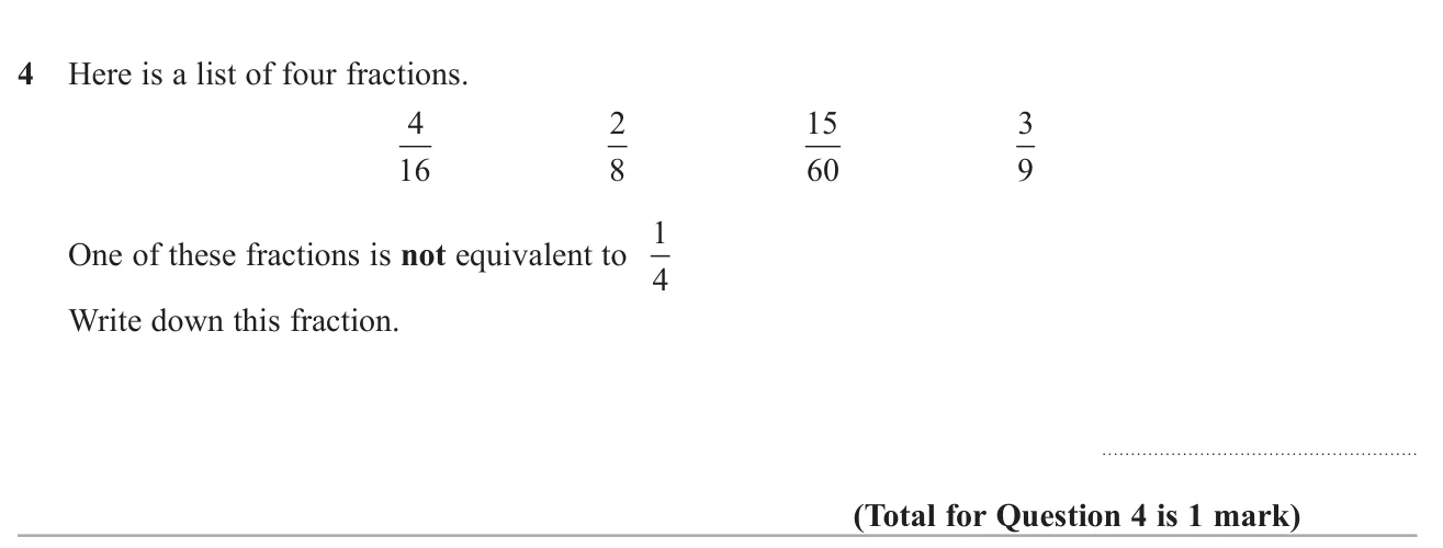 Pick out the one fraction in a list that is not equal to one quarter.
