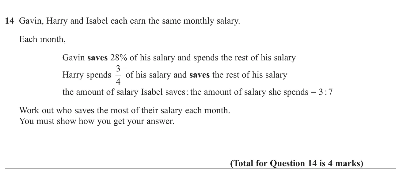 Compare savings given as a percentage, a fraction spent and a ratio, to see who saves most.