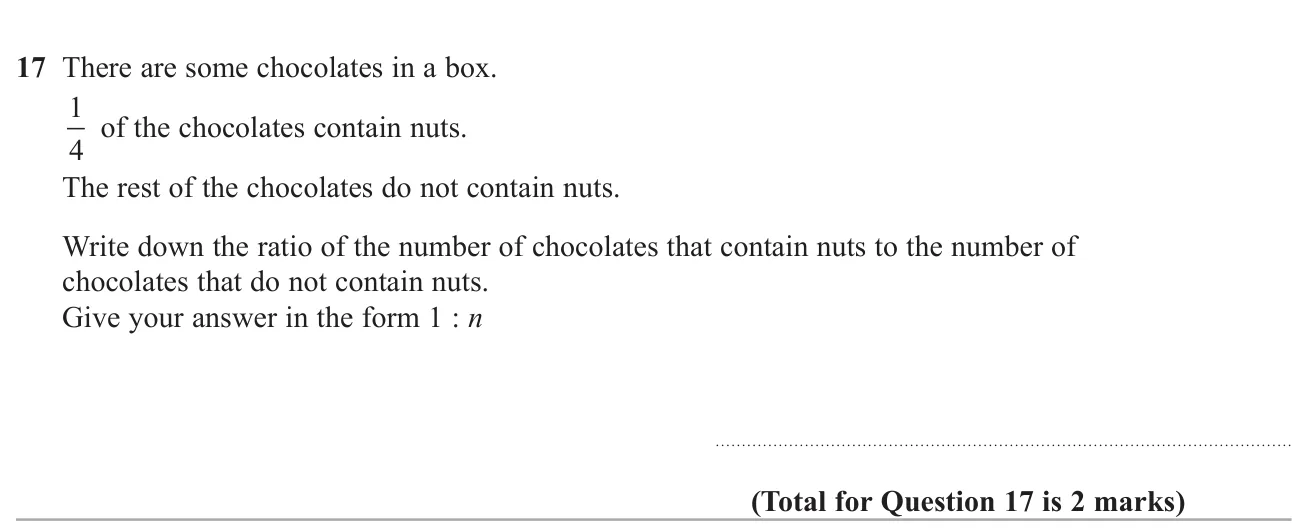 Turn a fraction of a box of chocolates into a ratio in the form 1 : n.