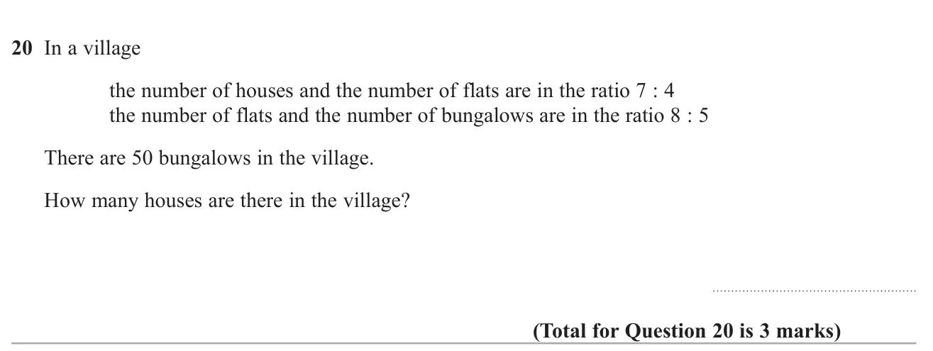 Use two linked ratios and a known number of bungalows to find the number of houses.