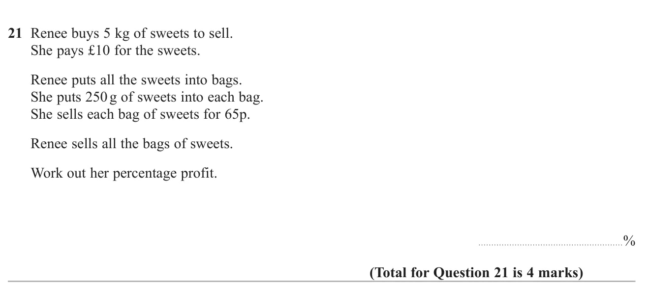 Work out the percentage profit when sweets are bought in bulk and sold in bags.