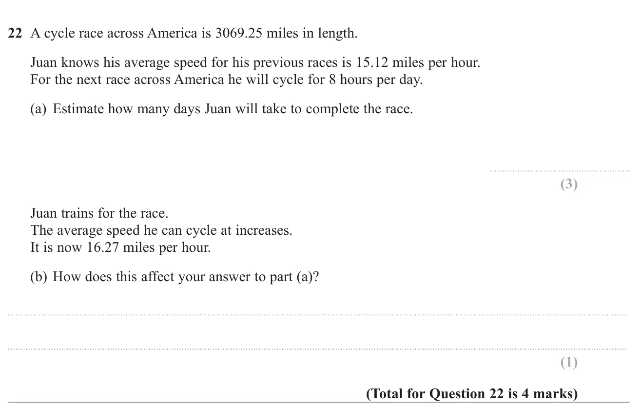 Estimate the number of days to finish a long cycle race using rounded values, then say how a faster speed changes the answer.