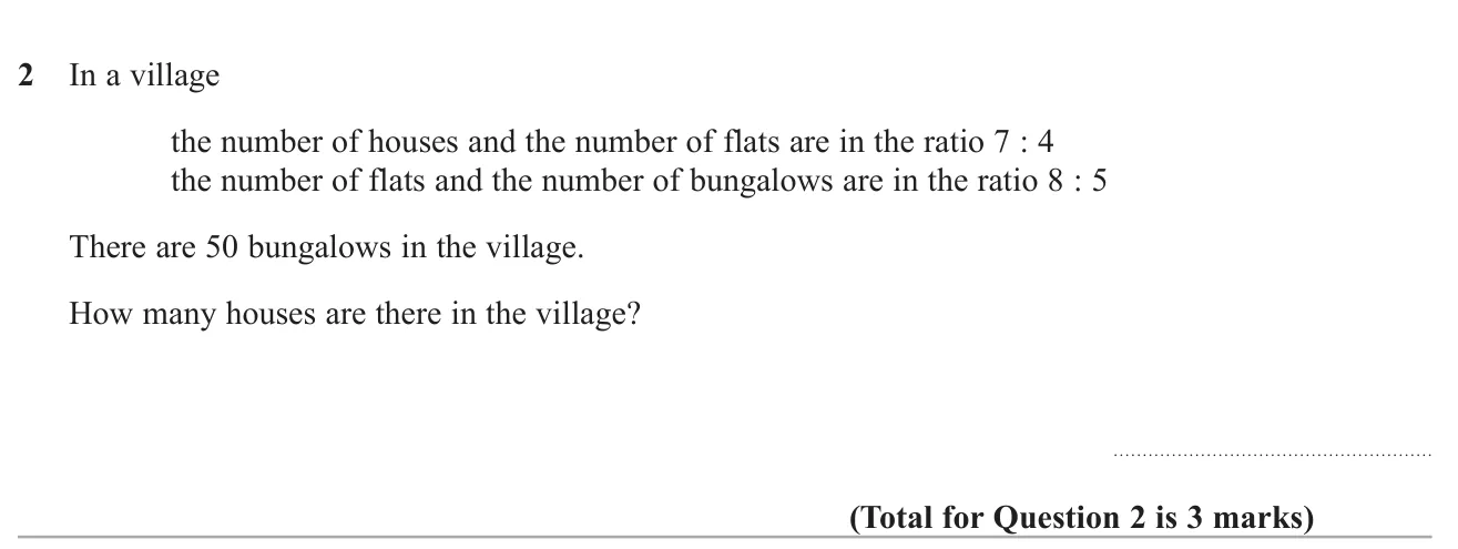 Combine two linked ratios for houses, flats and bungalows and use the number of bungalows to find the number of houses.