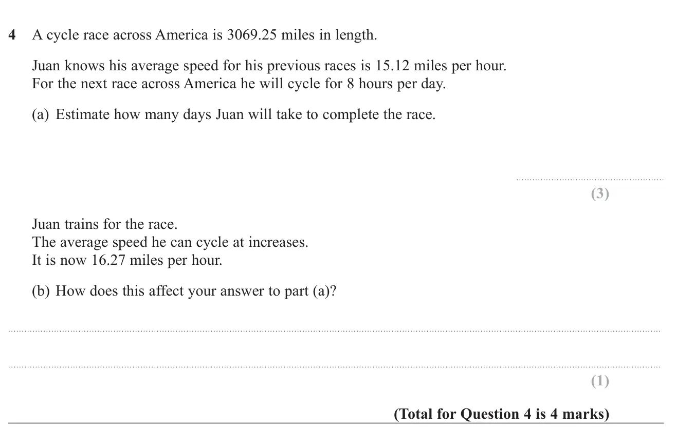 Estimate how many days a long cycle race will take by rounding the distance and speed, then say how a higher speed changes the estimate.