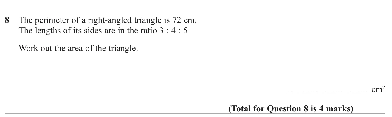 Share a triangle's perimeter in the ratio 3 : 4 : 5 and find its area.