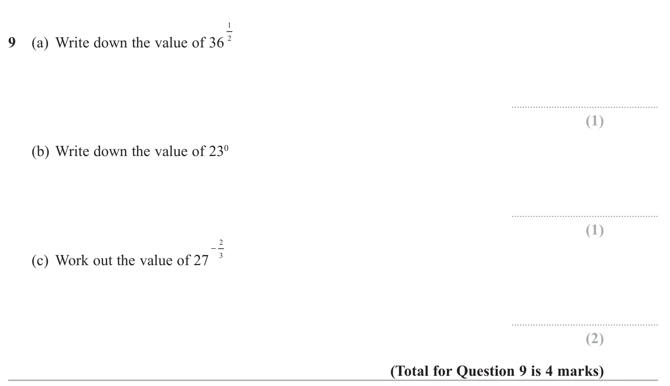 Evaluate a number to a half power, a number to the power zero and a number to a negative fractional power.