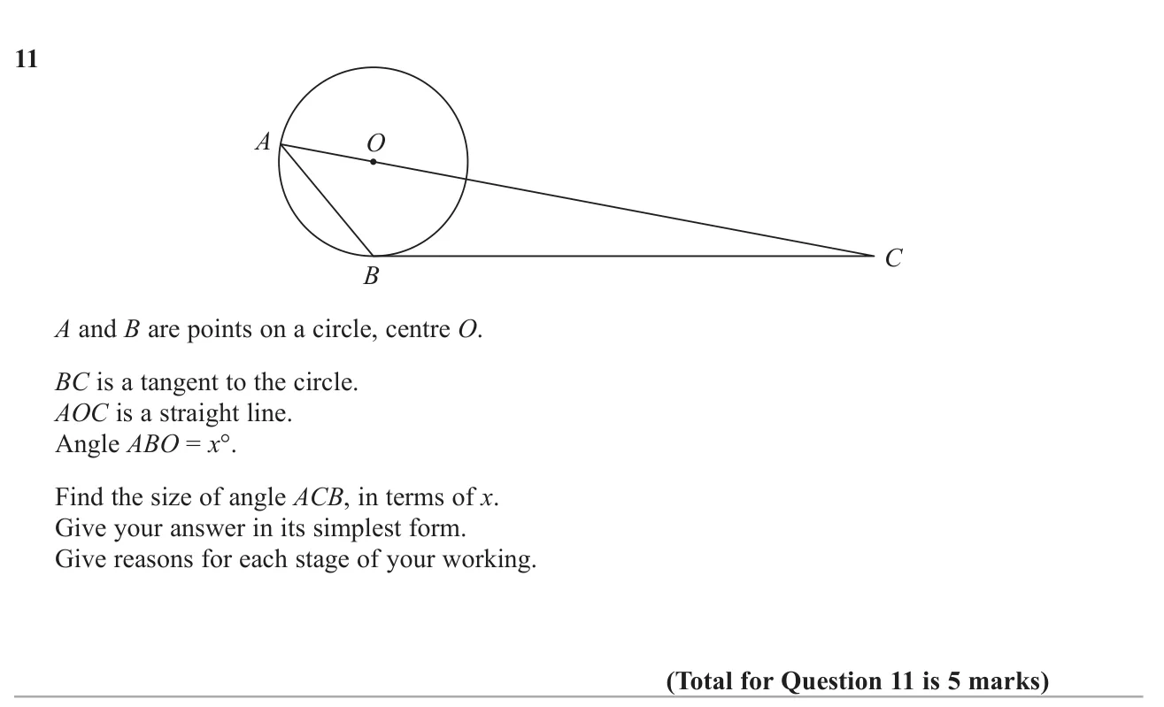 Use circle and triangle facts to find an angle at a tangent in terms of x, giving reasons.