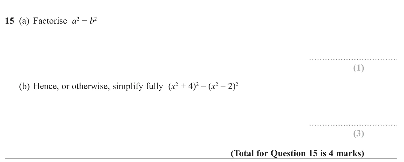 Factorise a difference of two squares and use it to simplify the difference of two squared brackets.