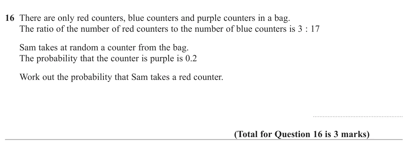 Use a red-to-blue ratio and the probability of purple to find the probability of taking a red counter.
