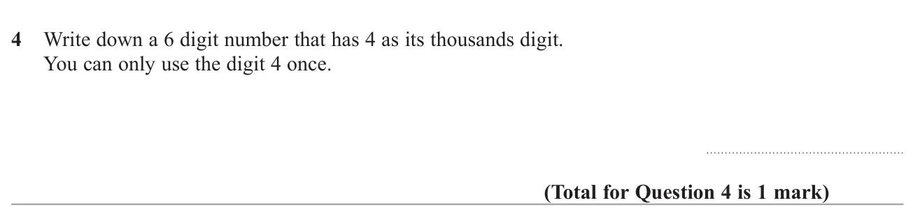 Write a six-digit number whose thousands digit is 4, using that digit only once.