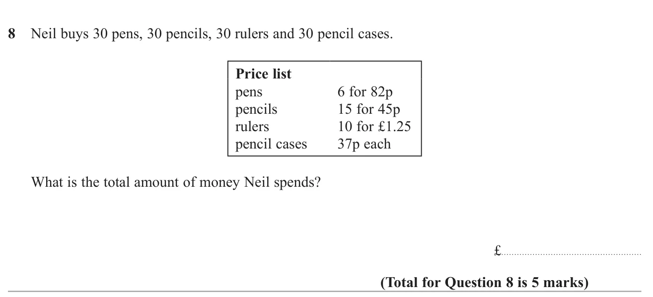Work out the total cost of buying 30 of each of four items priced in different multipacks.