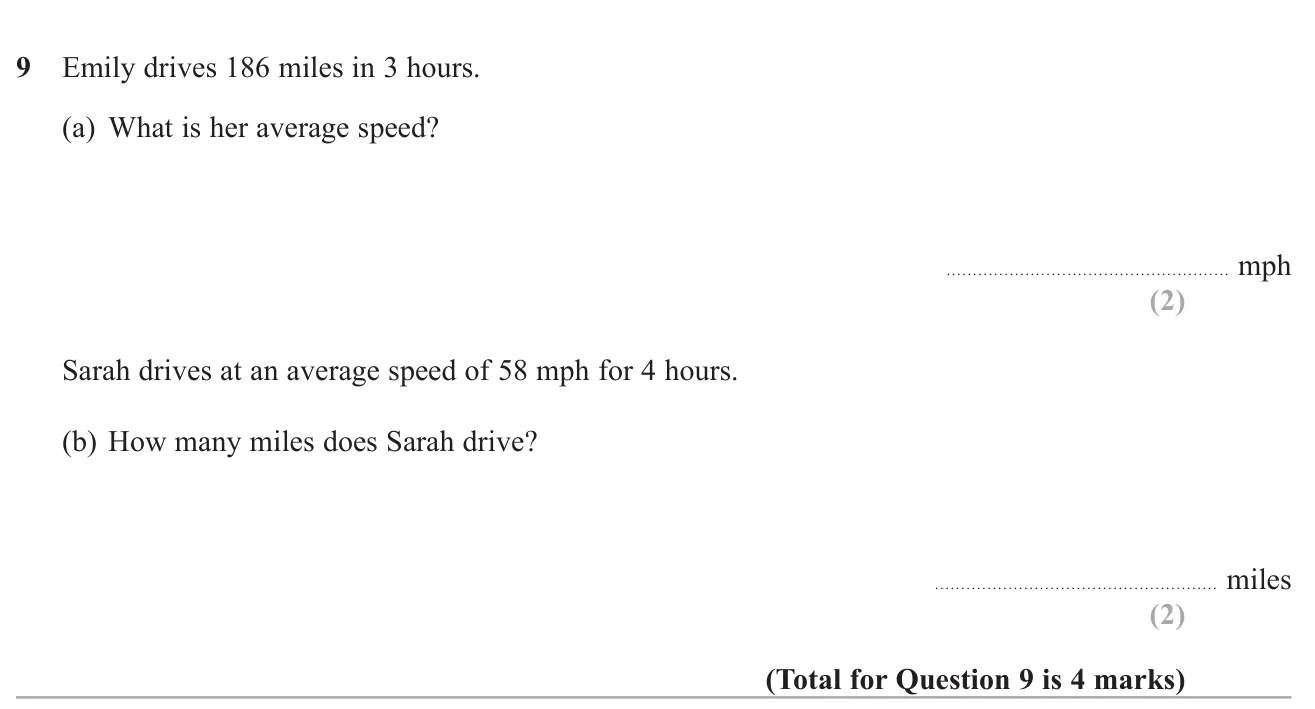 Use distance, speed and time to find an average speed and then a distance travelled.