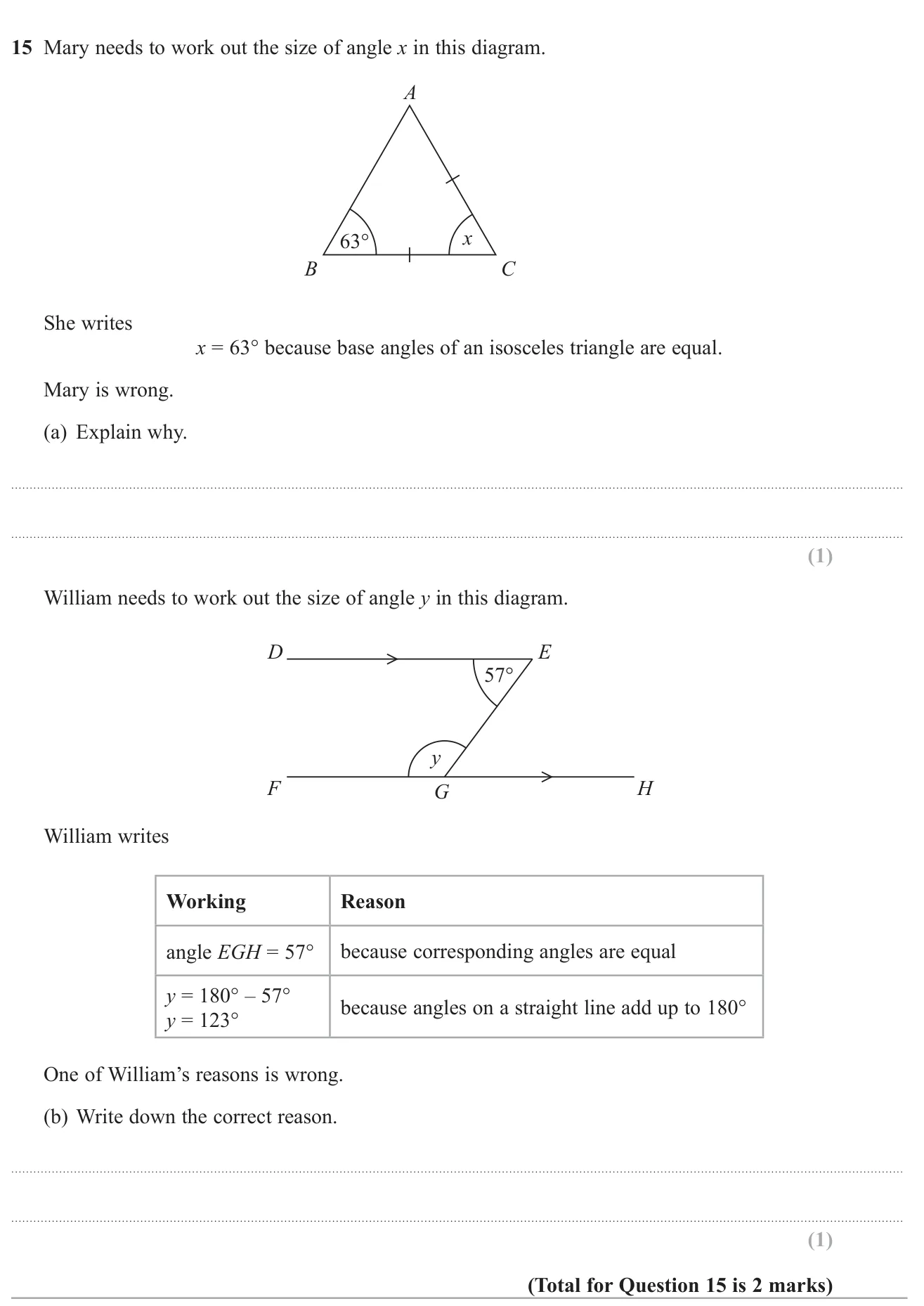 Explain the errors in two angle arguments: an isosceles triangle and angles on parallel lines.