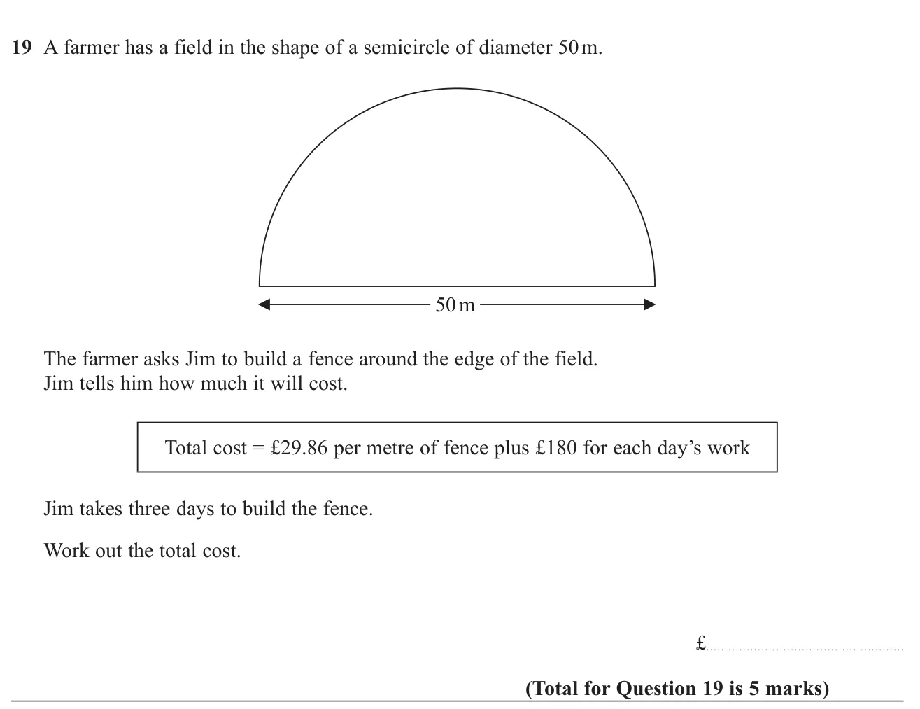 Find the cost of fencing a semicircular field, charged per metre plus a daily fee.