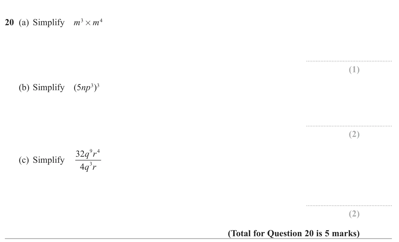 Simplify expressions using the laws of indices.