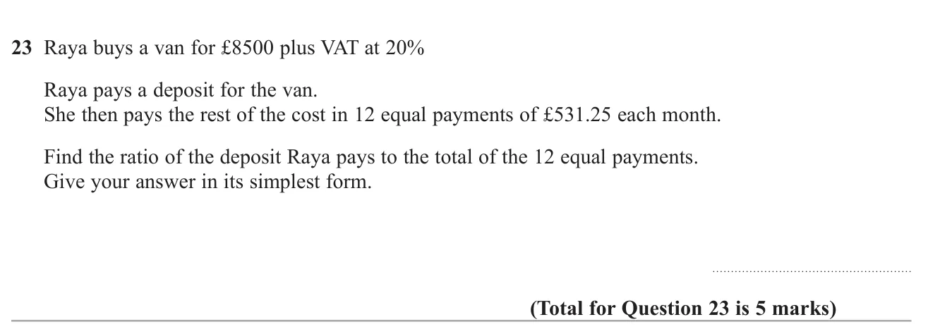 Find a deposit after VAT and monthly payments, then write it as a simplified ratio to the payments.