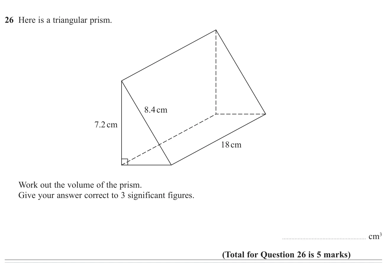 Use Pythagoras to find a missing side of a triangular cross-section, then find the prism's volume to 3 s.f.