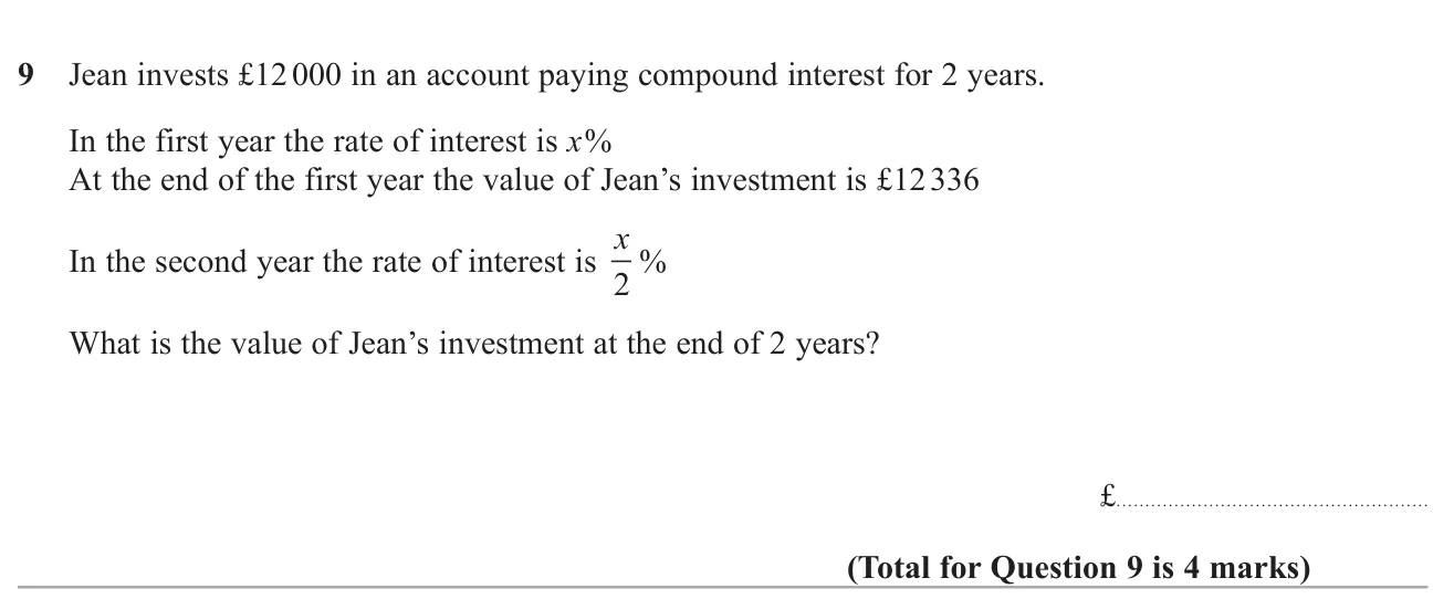 Find a first-year compound interest rate from the new balance, then apply half that rate for the second year.