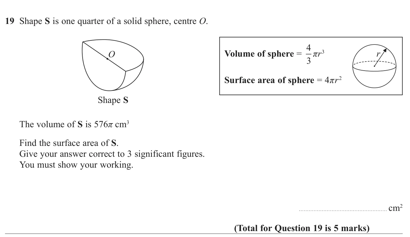Find the radius of a quarter-sphere from its volume, then its total surface area including the flat faces.