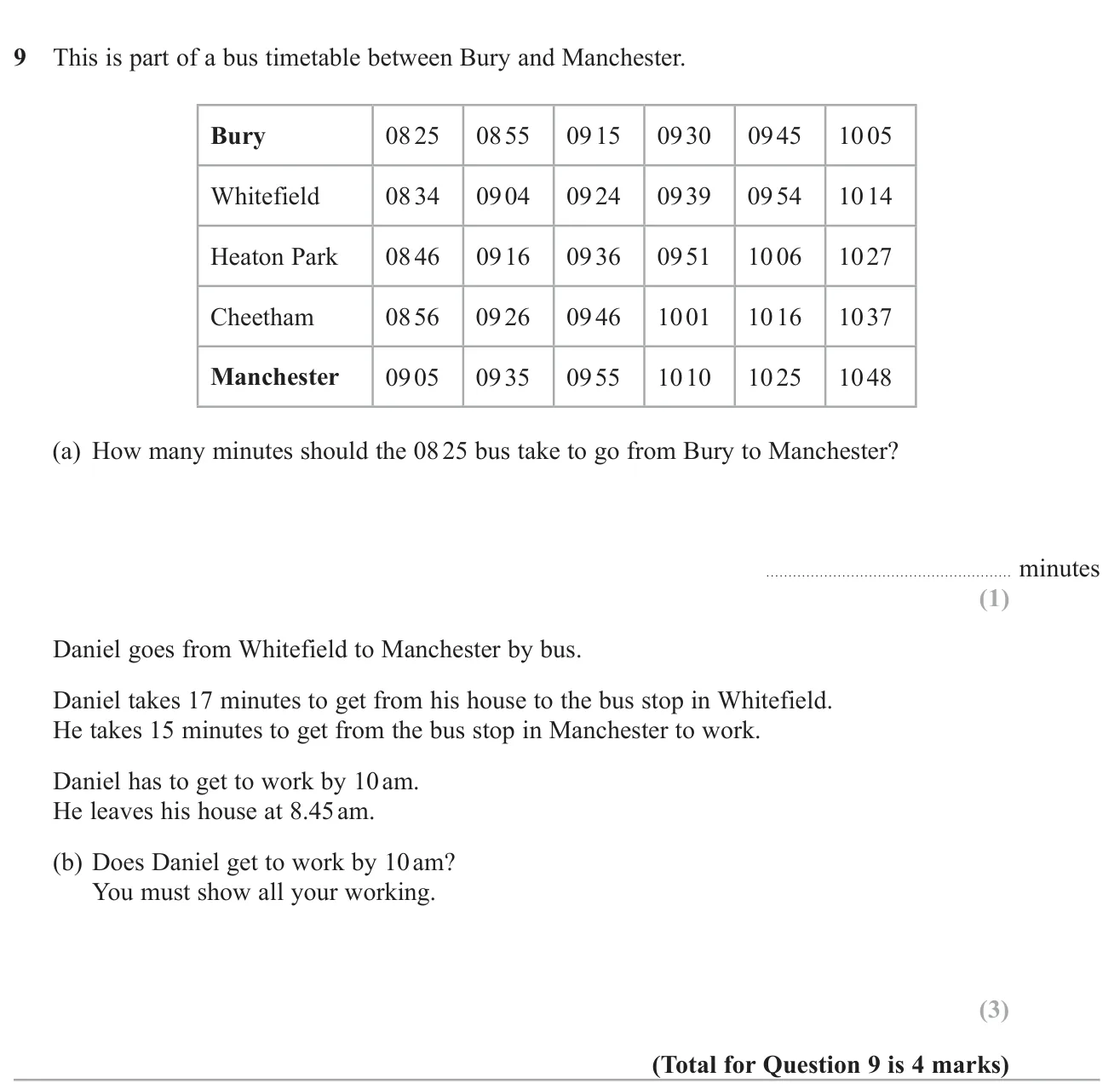 Read a bus timetable for a journey time, then decide whether a commuter reaches work in time.