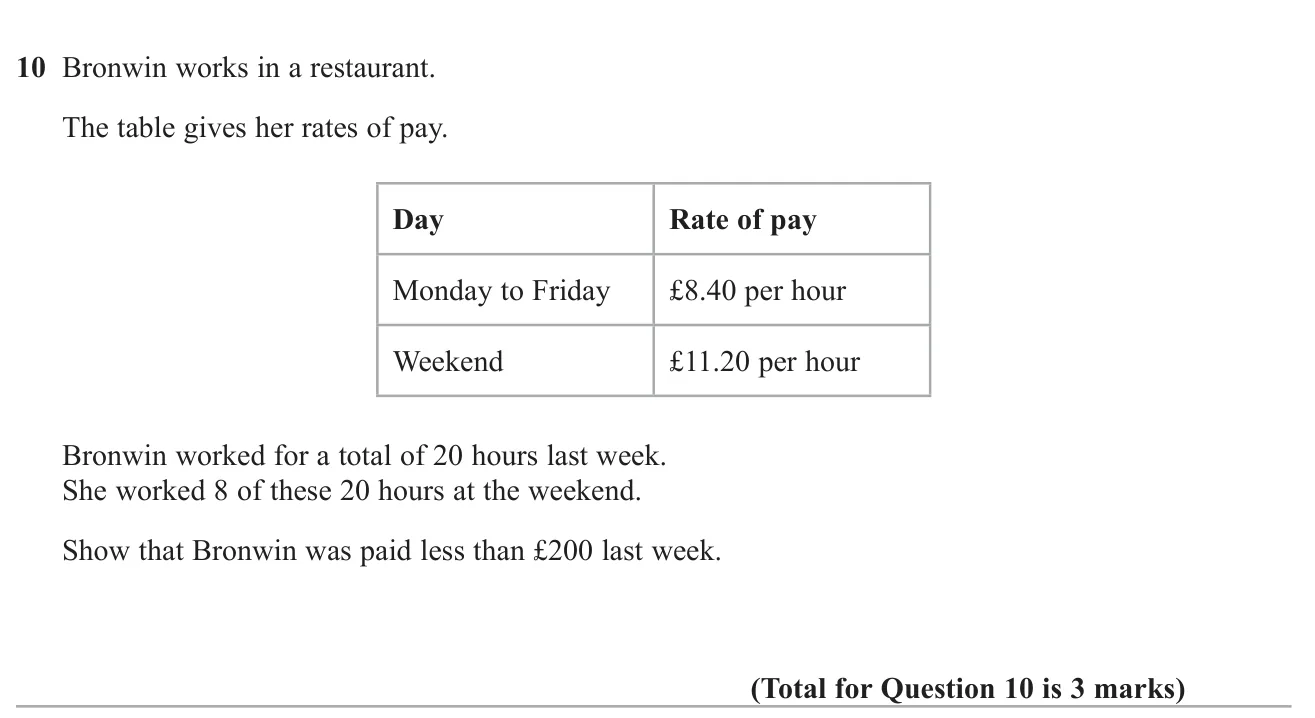 Work out weekly pay from weekday and weekend hourly rates and show it is under £200.