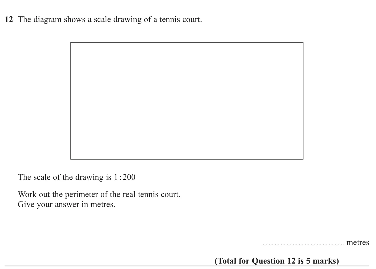 Measure a scale drawing, use a 1 : 200 scale, and find the real perimeter in metres.
