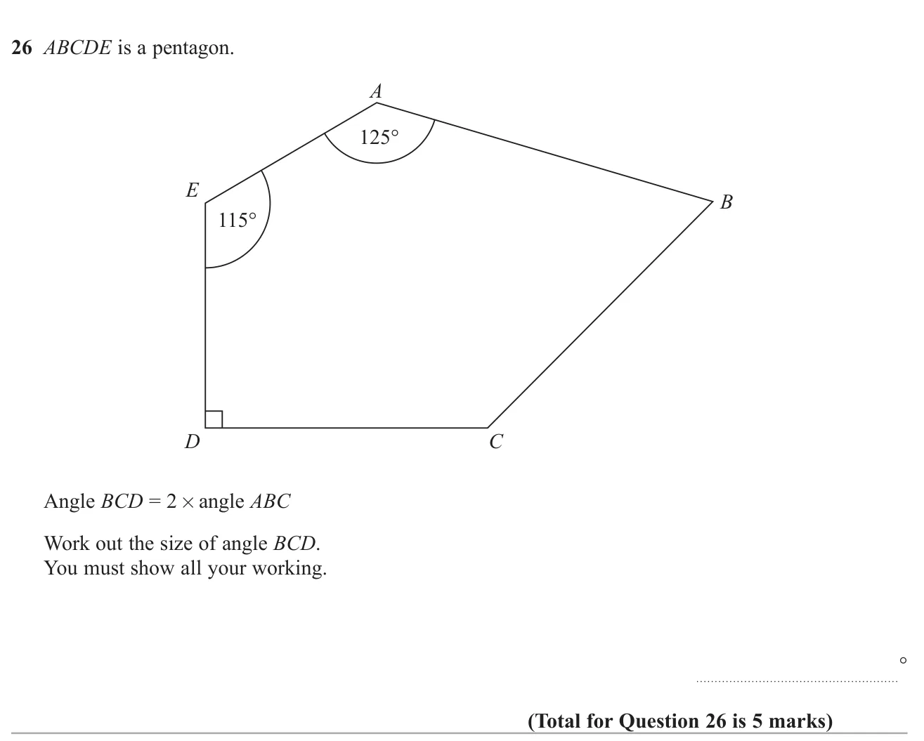 Use the angle sum of a pentagon with one angle twice another to find a missing angle.
