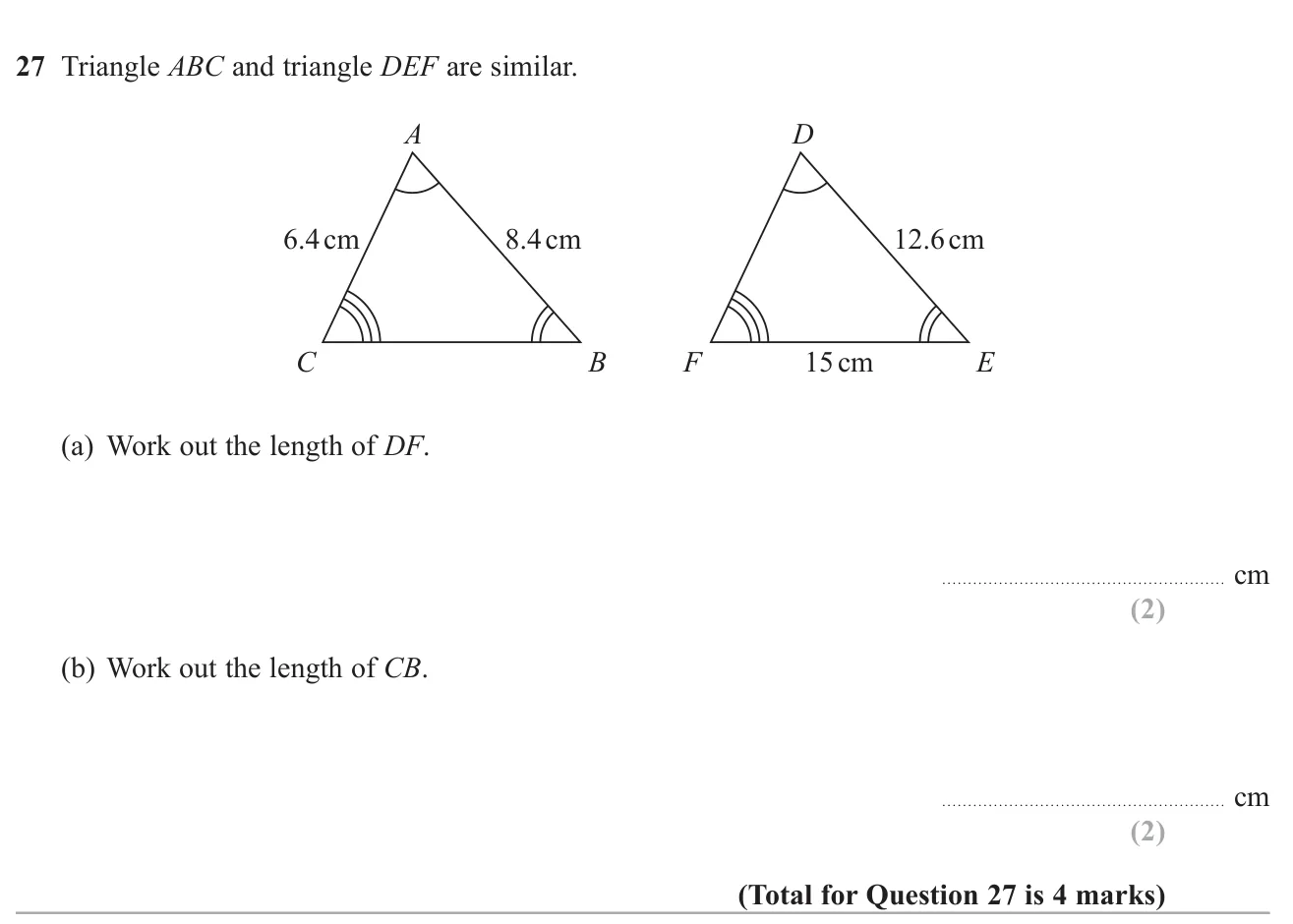 Use a scale factor between two similar triangles to find a missing side in each.