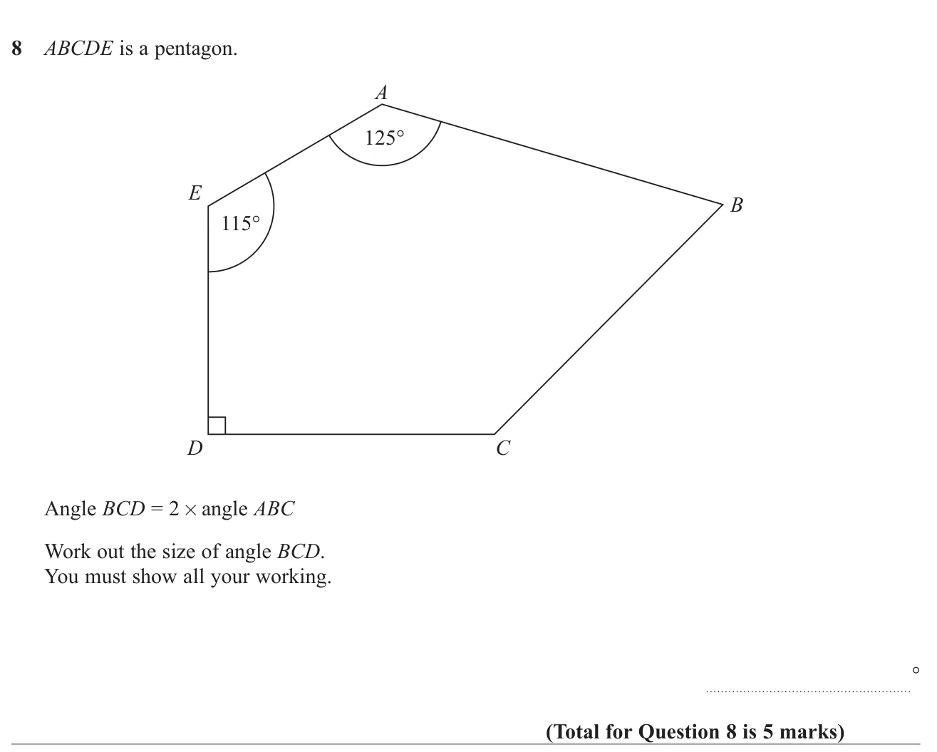 Use the angle sum of a pentagon with one angle twice another to find a missing angle.