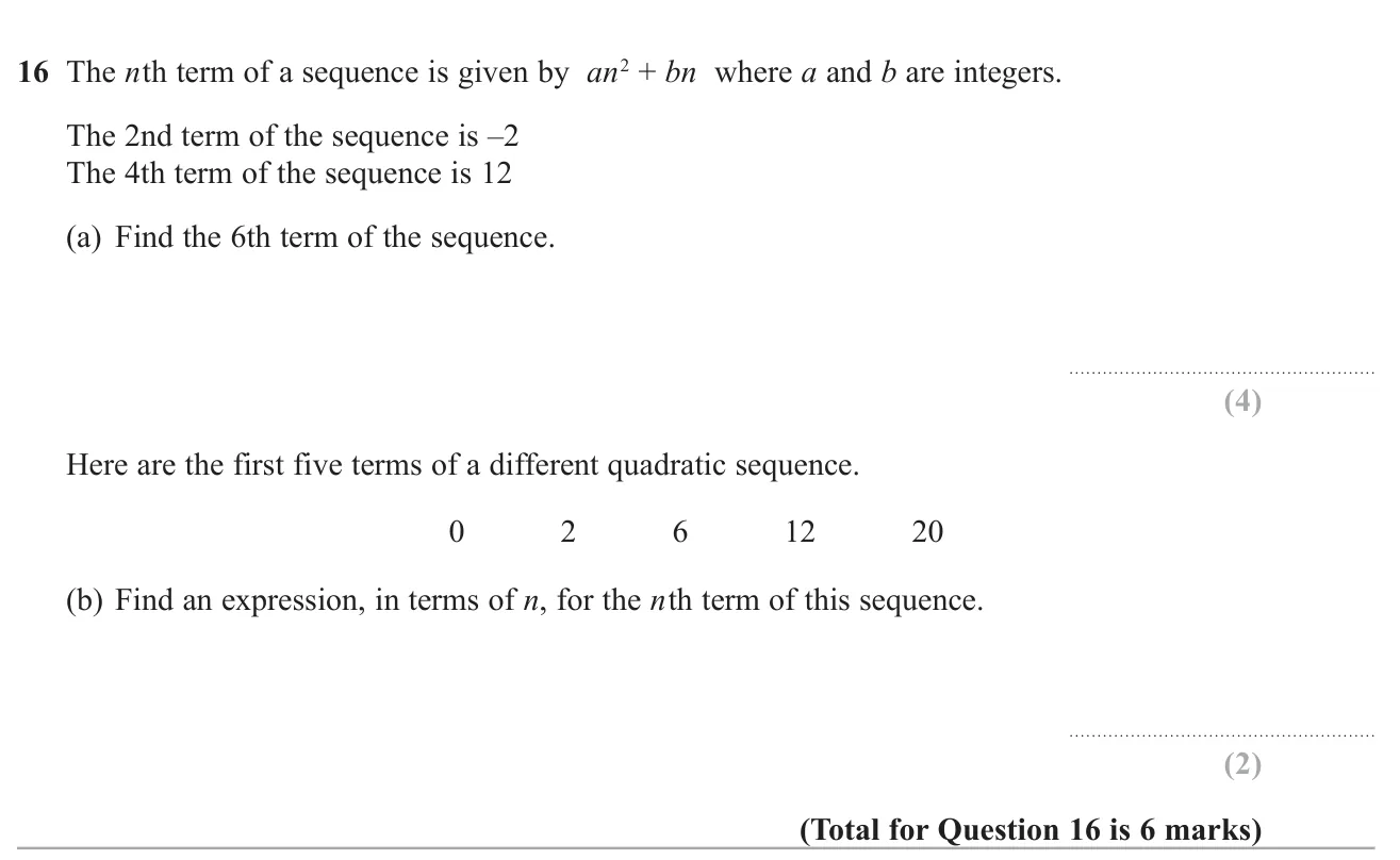 Form and solve simultaneous equations to find the coefficients of a quadratic nth term, then find the nth term of another quadratic sequence.