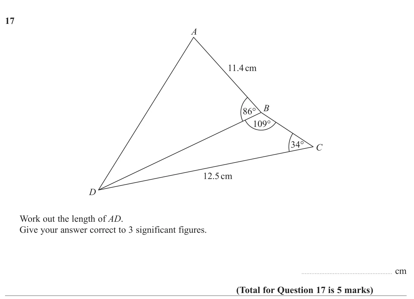 Use the sine rule in one triangle and then the cosine rule in the adjoining triangle to find a length.