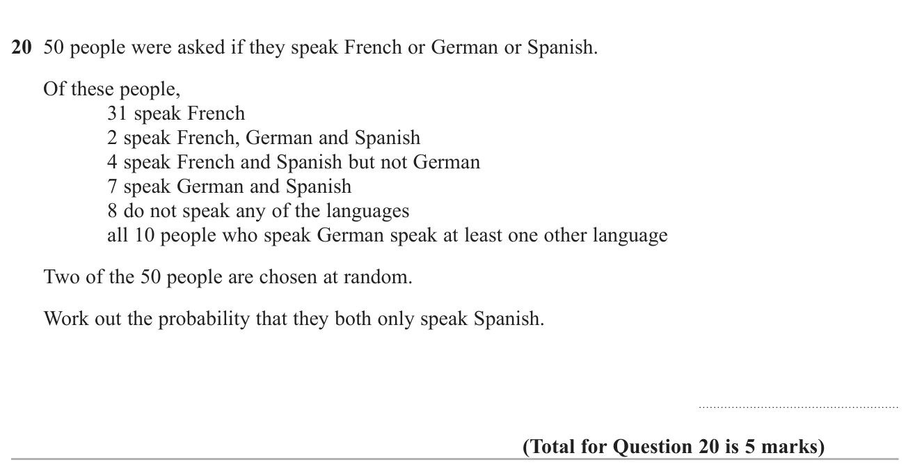 Complete a three-set Venn diagram from language information, then find the probability that two people chosen without replacement both speak only Spanish.