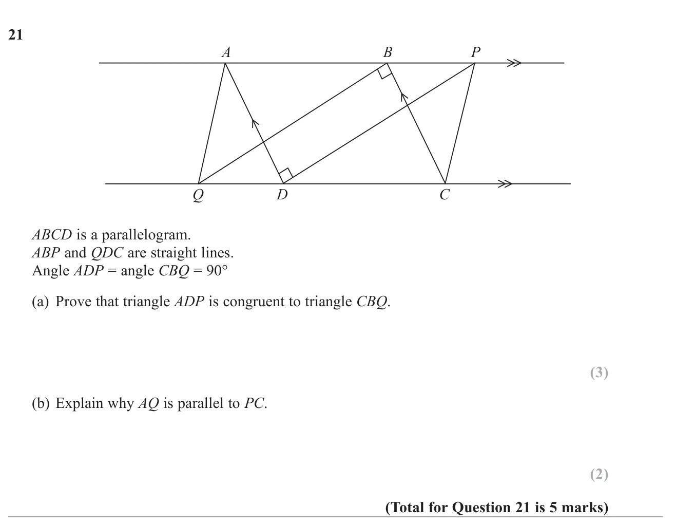 Prove two triangles inside a parallelogram are congruent, then use this to explain why two lines are parallel.