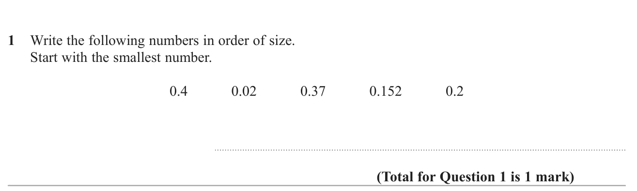 Put five decimals in order from smallest to largest.