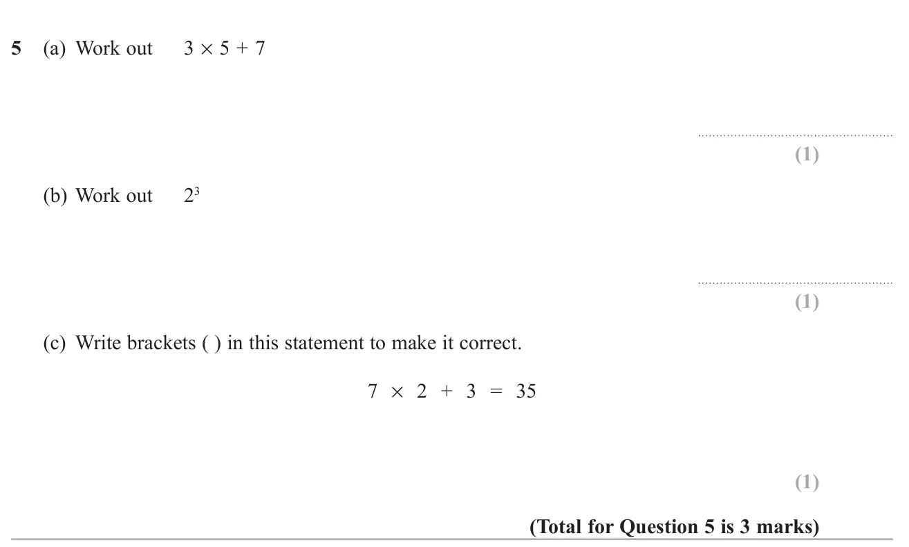 Use order of operations, evaluate a cube, and insert brackets to make a calculation true.