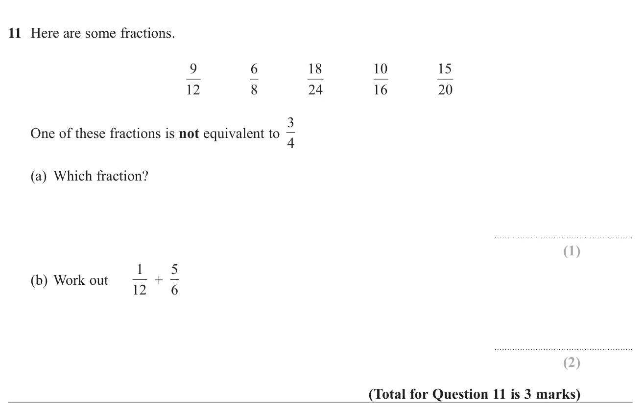 Spot the fraction that is not equivalent to three quarters, and add two fractions.