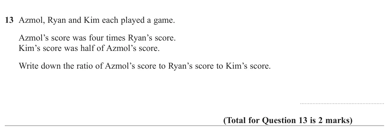 Write three scores as a ratio from relationships between them.