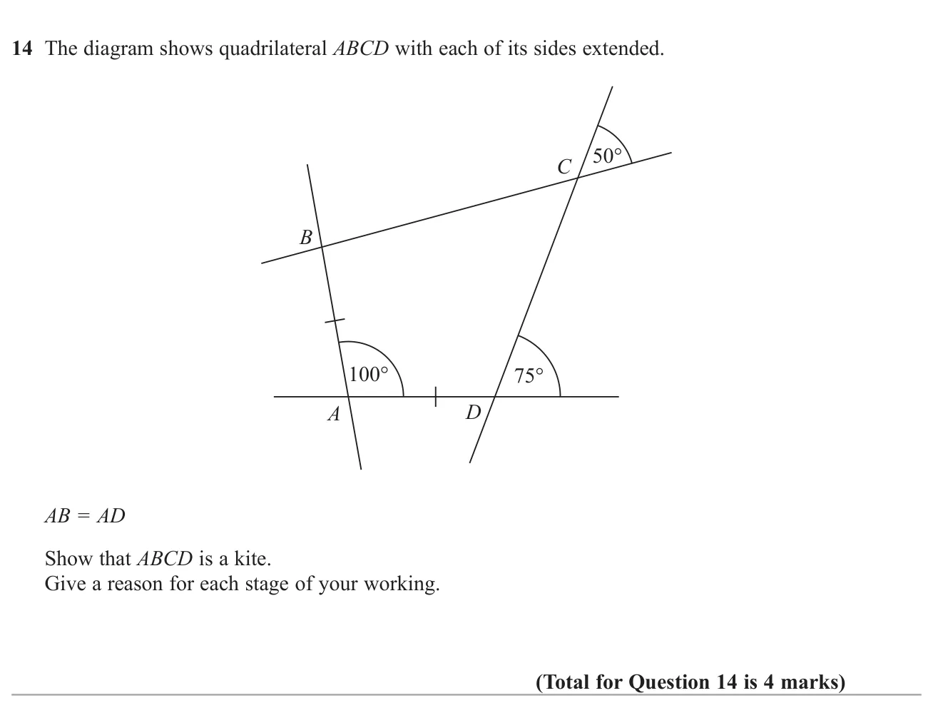 Use angle facts to find the angles of a quadrilateral and prove it is a kite.