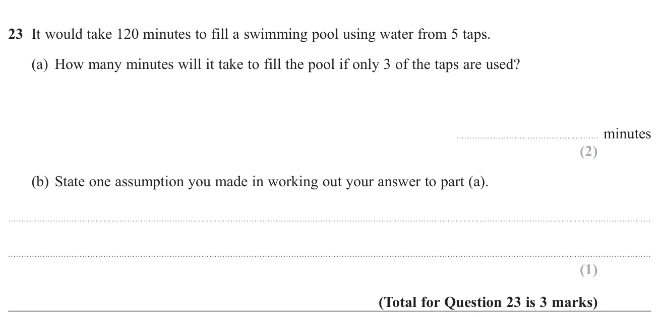 Find how long fewer taps take to fill a pool (inverse proportion) and state an assumption.
