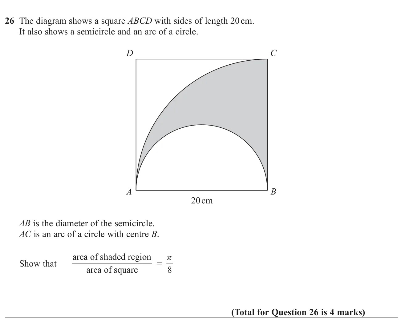 Show that a shaded region between a quarter circle and a semicircle is π/8 of a square.