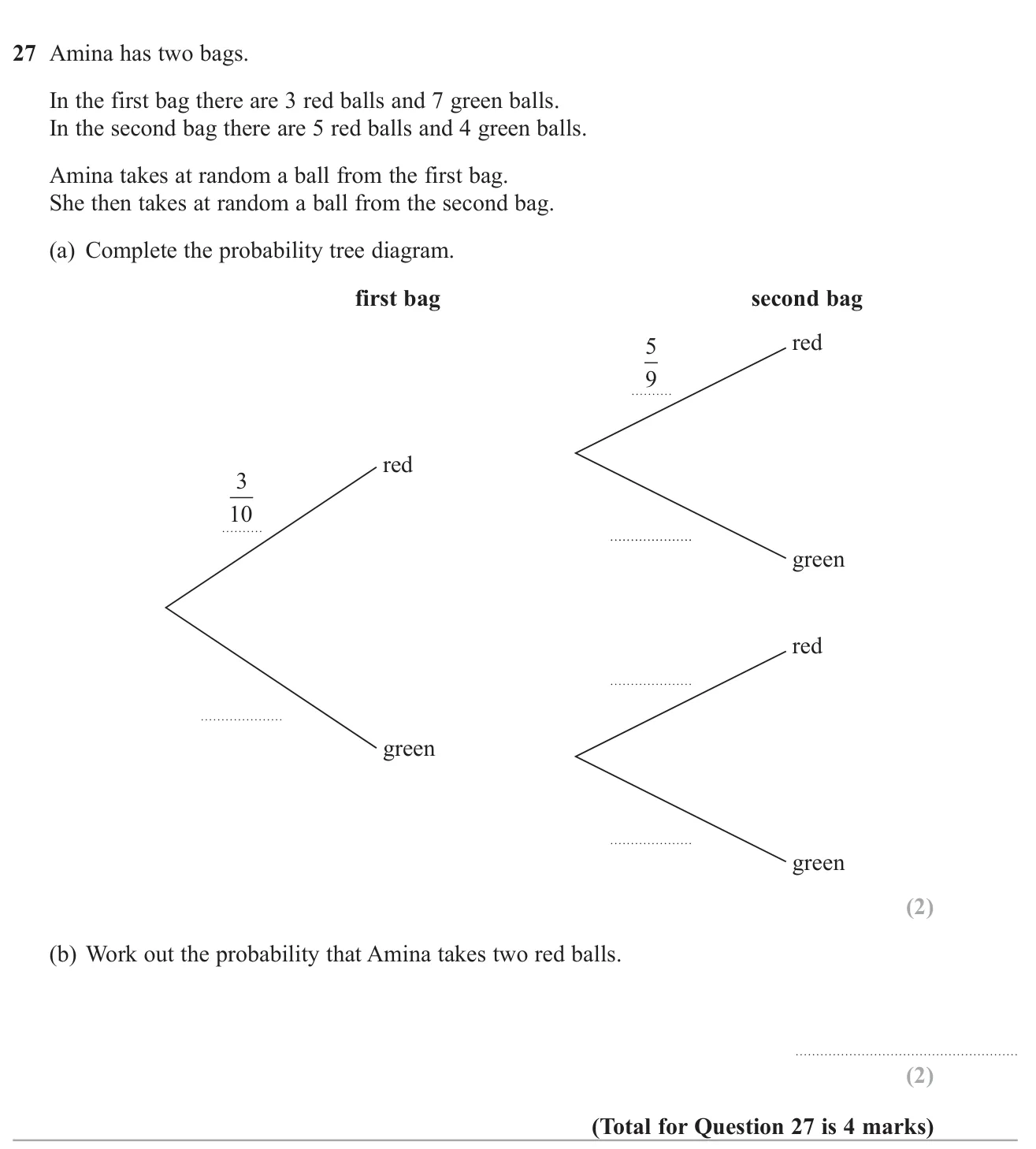 Complete a tree diagram for picks from two bags and find the chance of two reds.