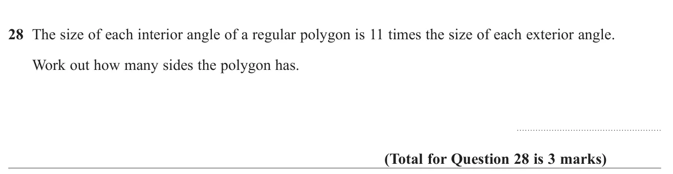 Find the number of sides of a regular polygon whose interior angle is 11 times its exterior angle.
