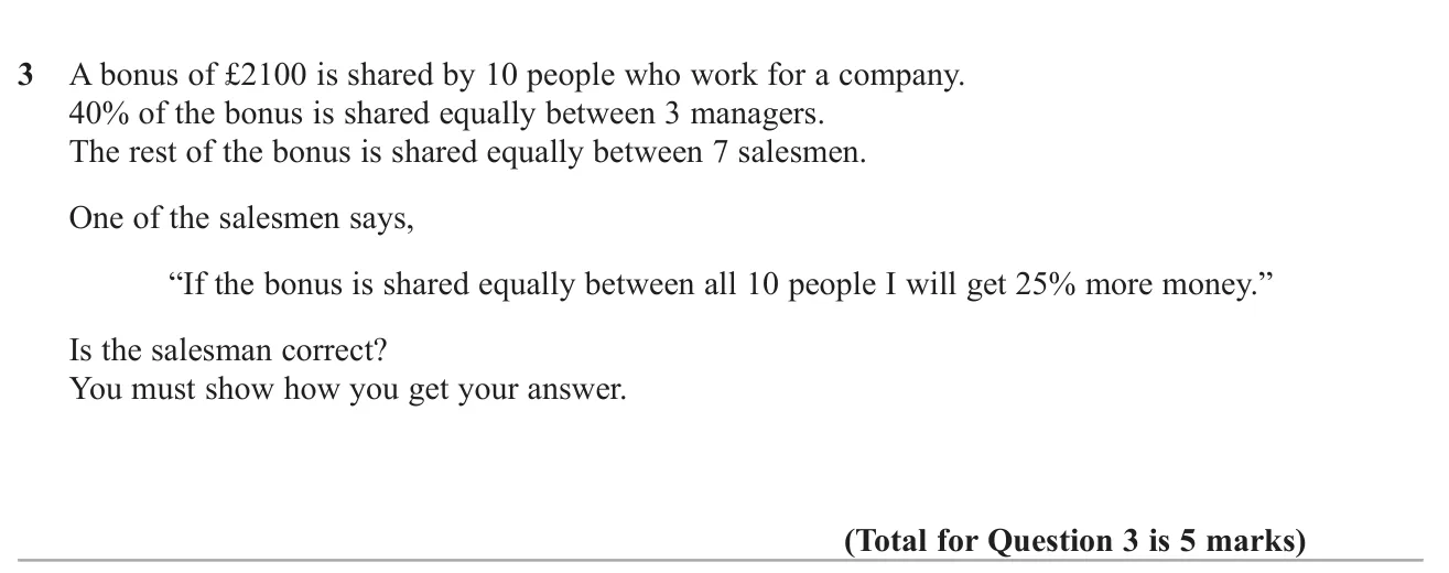 Test a claim that sharing a bonus equally would give a salesman 25% more.