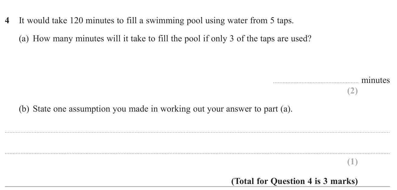 Find how long fewer taps take to fill a pool (inverse proportion) and state an assumption.