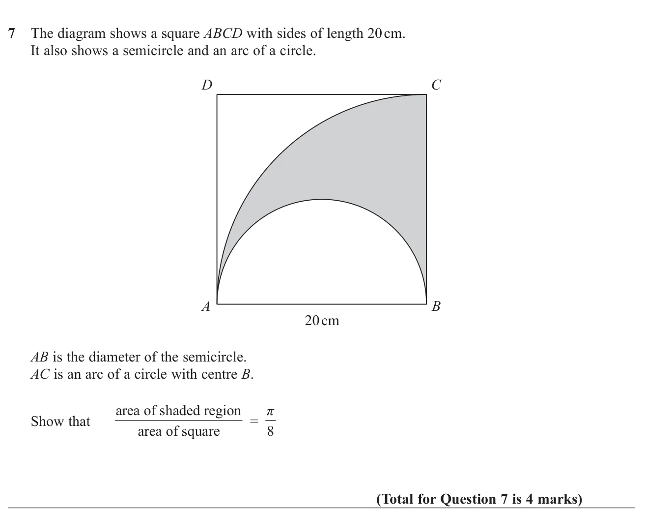 Show that a shaded region between a quarter circle and a semicircle is π/8 of a square.