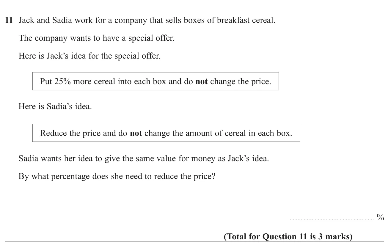 Find the percentage price cut that matches the value for money of putting 25% more cereal in a box.