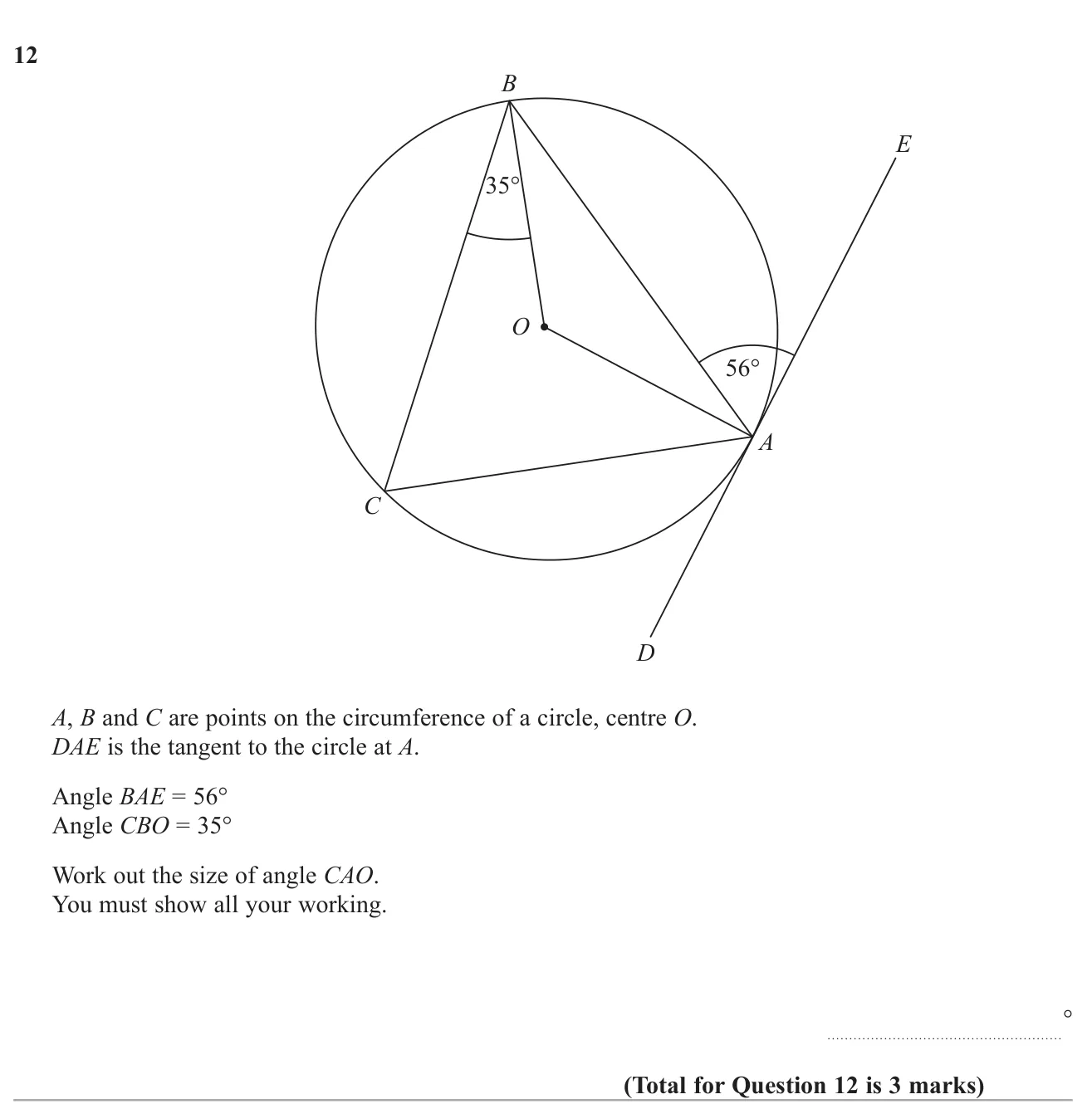 Use the tangent–radius angle, isosceles triangles and the alternate segment theorem to find an angle in a circle.