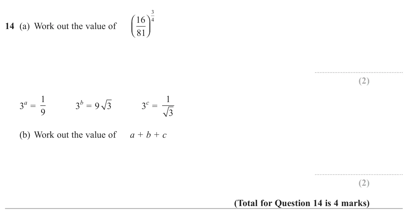 Evaluate a fraction raised to a fractional power and find three unknown powers of 3 whose sum is required.