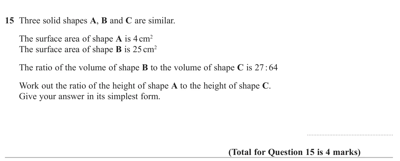 Use area and volume ratios of similar solids to find the ratio of heights of two of them.