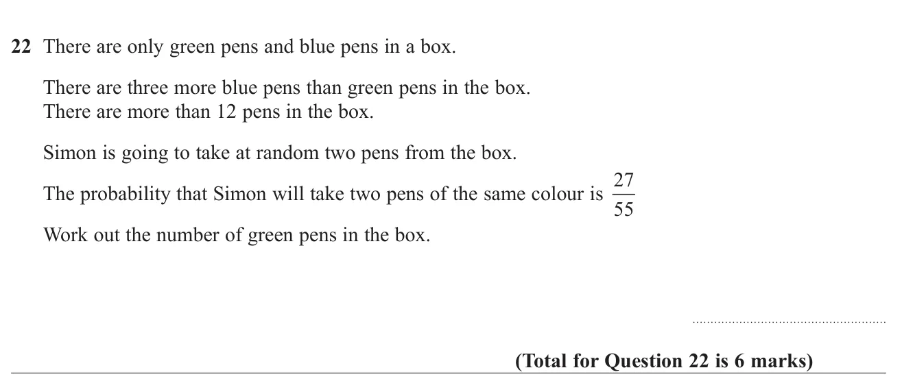 Form and solve a quadratic equation from a probability of picking two pens of the same colour without replacement.